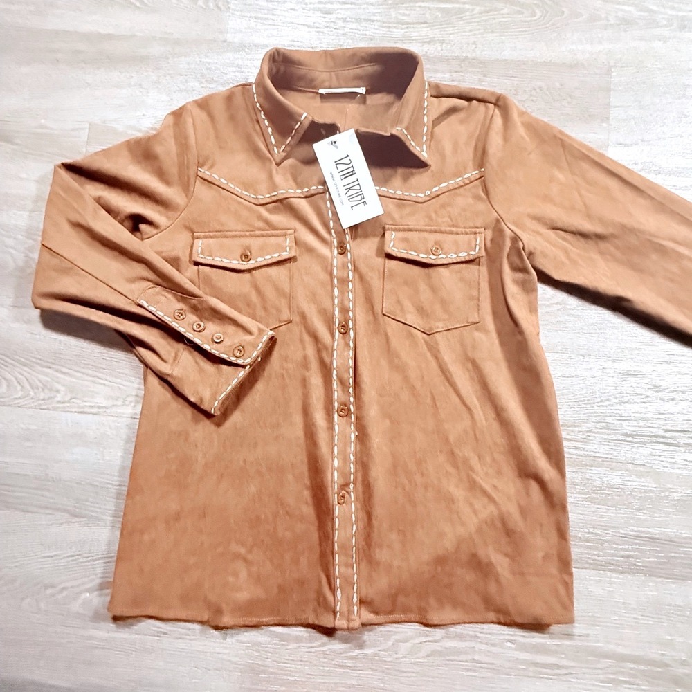 12th Tribe Faux Suede Western Shirt Brown Contrast Stitch Small NWT 36561T-BRN